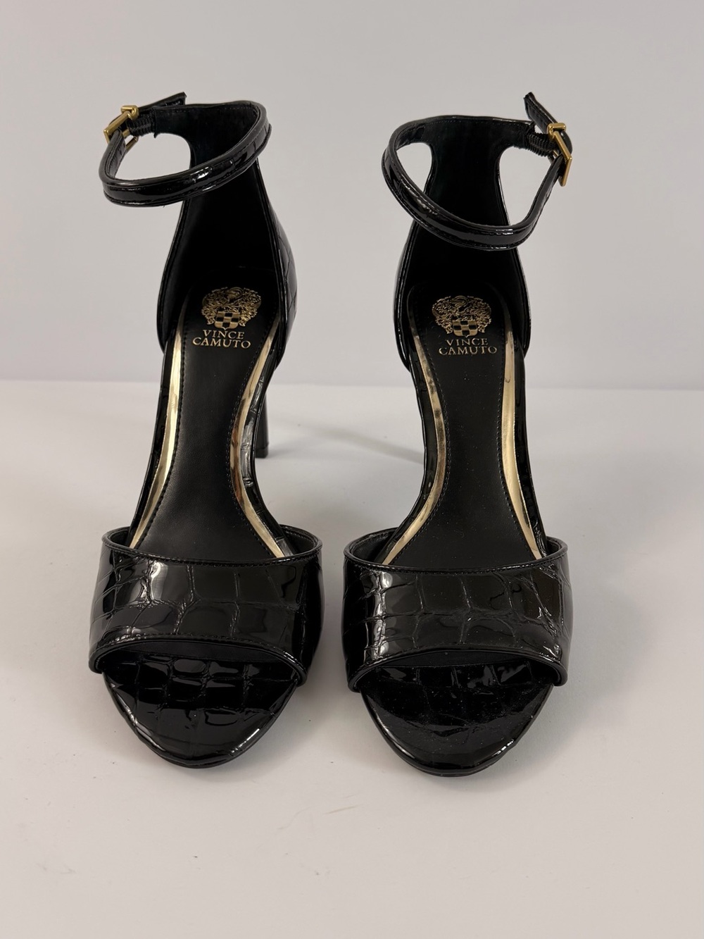 Vince Camuto Black Patent Croc Ankle-Strap Stiletto Sandals
